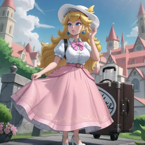 masterpiece, best quality, 4k, high res, detailed, <lora:PrincessPeach2B:0.7>, 1girl, solo, long hair, puckered lips, blue eyes, skirt, blonde hair, shirt, hat, jewelry, full body, short sleeves, earrings, alternate costume, day, high heels, white footwear, pink skirt, long skirt, suitcase, luggage, rolling suitcase, princess peach, city, large breasts, detailed background,  beautiful blue eyes,