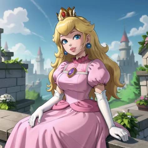 masterpiece, best quality, 4k, high res, detailed, <lora:PrincessPeach2B:0.7>, 1girl, solo, long hair, looking at viewer, smile, blue eyes, blonde hair, gloves,  dress, jewelry, sitting, earrings, elbow gloves, puffy sleeves, white gloves, puffy short sleeves, lips, crown, pink dress, princess peach, detailed, raw photo, clouds, trees,