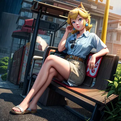 anime girl sitting on a bench in a city with a bus in the background