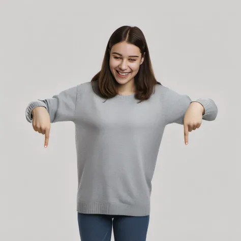 pointingdown, 1girl, pointing down, legs hidden, no background, <lora:pointingdown:1>, two hands pointing, smile, open eyes