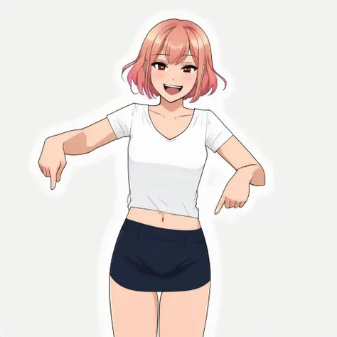 pointingdown, 1girl, pointing down, legs hidden, no background, <lora:pointingdown:1>, two hands pointing, smile, open eyes, Bright Colors, Animated, Animation, Cartoon, Anime, Anime Face, Waifu, 2D, Visual Novel, Manga, Comic, Cel-Shaded, (Massive Breasts:1.2), (Cleavage:1.1), (Mature Female:1.1), Skimpy Clothing, Wide Hips