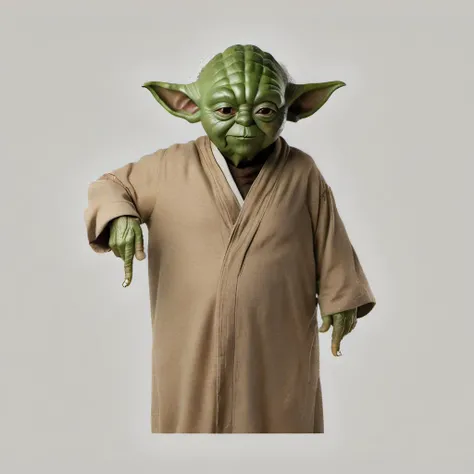 <lora:pointingdown:1.4>, (pointingdown:1.4), 1boy, man, (pointing down:1.2), legs hidden, no background, two hands pointing, smile, open eyes, (Yoda:1.1), (Male:1.1), Star Wars, Green Yoda, Pointy Ears, Brown Robe