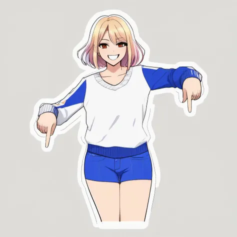 pointingdown, 1girl, pointing down, legs hidden, no background, <lora:pointingdown:1>, two hands pointing, smile, open eyes, Bright Colors, Animated, Animation, Cartoon, Anime, Anime Face, Waifu, 2D, Visual Novel, Manga, Comic, Cel-Shaded, Outline, Sketch, Dark Lighting, (:1.1), (Cleavage:1.1), (Mature Female:1.1)