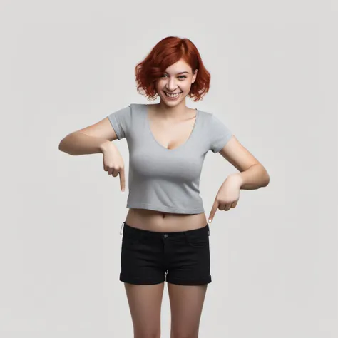 pointingdown, 1girl, pointing down, legs hidden, no background, <lora:pointingdown:1>, two hands pointing, smile, open eyes, Red Hair, Spikey haircut, Skinny, (Massive Breasts:1.2), (Cleavage:1.1), (Mature Female:1.1)