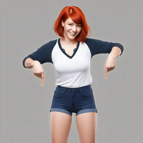 pointingdown, 1girl, pointing down, legs hidden, no background, <lora:pointingdown:1>, two hands pointing, smile, open eyes, Red Hair, Spikey haircut, Skinny, (Massive :1.2), (Cleavage:1.1), (Mature Female:1.1)