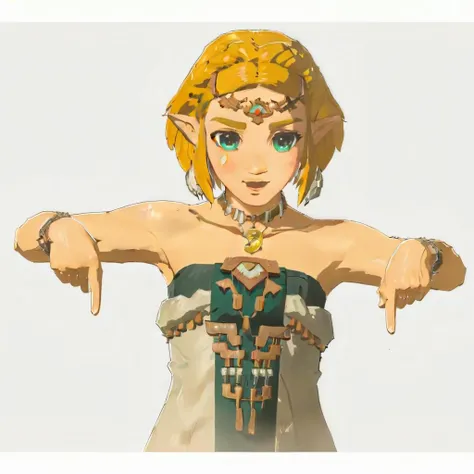 <lora:pointingdown:1> pointingdown, 1girl, no background,  two hands pointing <lora:xl_totkz:0.8> totkzelda, 1girl, solo, zonai dress, short hair, bare shoulders