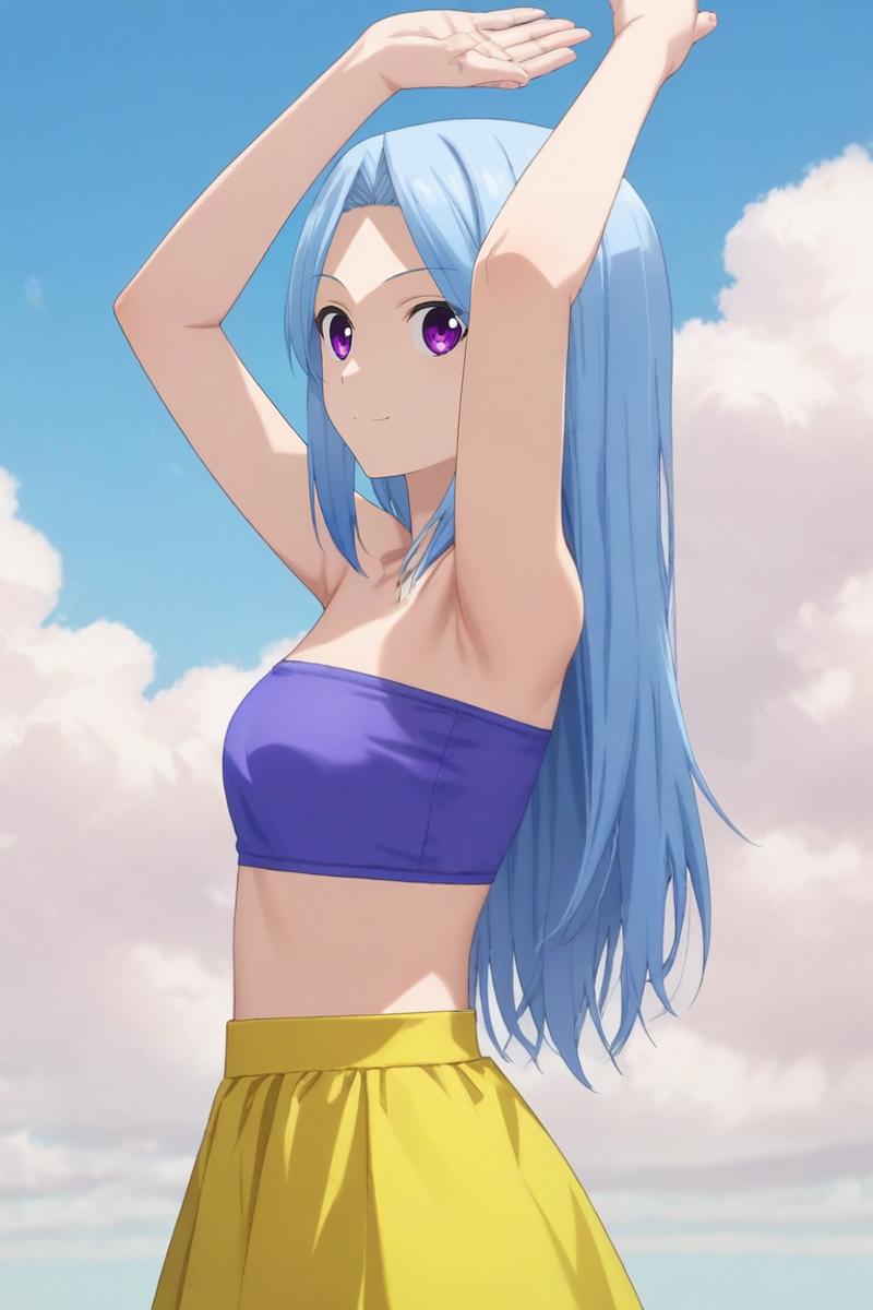 A woman in a yellow skirt and blue top standing on a beach - SeaArt AI