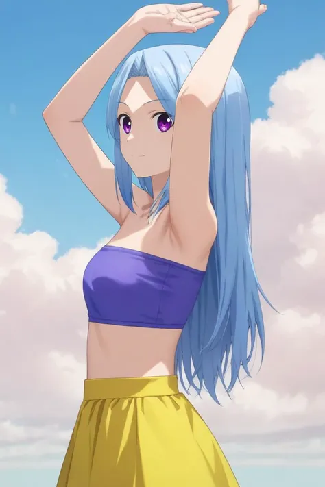 score_9, score_8_up, score_7_up, source_anime, rating_safe, , (realistic:0.6), looking at viewer, , 1girl, solo, <lora:aya_arisugawa_pony:0.78>, aya_arisugawa, blue hair, purple eyes, long hair, bangs, parted bangs, from side, plaza, day, clouds, arms above head, light smile, tube top, yellow skirt, <lora:sdxl_lightning_8step_lora:1>