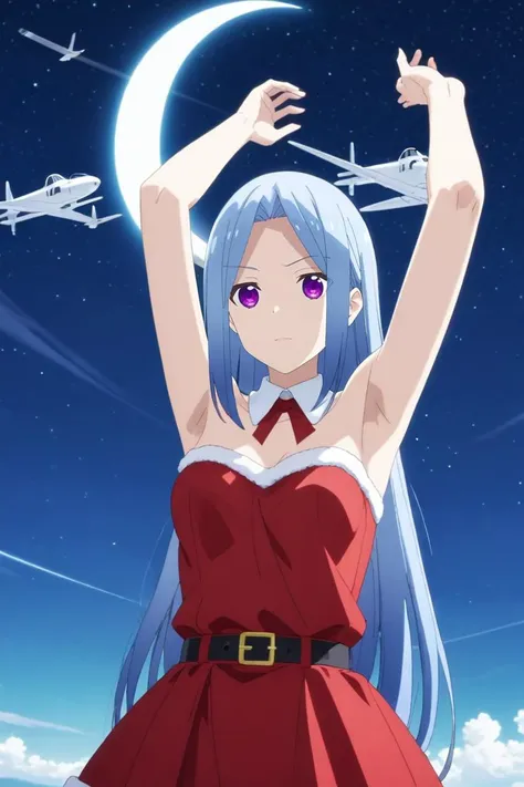 score_9, score_8_up, score_7_up, source_anime, rating_safe, intricate details, anime screencap, anime coloring, , , depth of field, 1girl, solo, <lora:aya_arisugawa_pony:0.92>, aya_arisugawa, blue hair, purple eyes, long hair, bangs, parted bangs, panorama, plane, night, crescent moon, arms up, distracted, aloof, oblivious, santa costume, detached collar, <lora:sdxl_lightning_8step_lora:1>