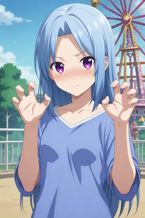 score_9, score_8_up, score_7_up, source_anime, rating_safe, , anime screencap, anime coloring, official style, looking at viewer, , 1girl, solo, <lora:aya_arisugawa_pony:0.74>, aya_arisugawa, blue hair, purple eyes, long hair, bangs, parted bangs, symmetry, amusement park, carousel, ferris wheel, dawn, claw pose, embarrassed, nose blush, , <lora:sdxl_lightning_8step_lora:1>