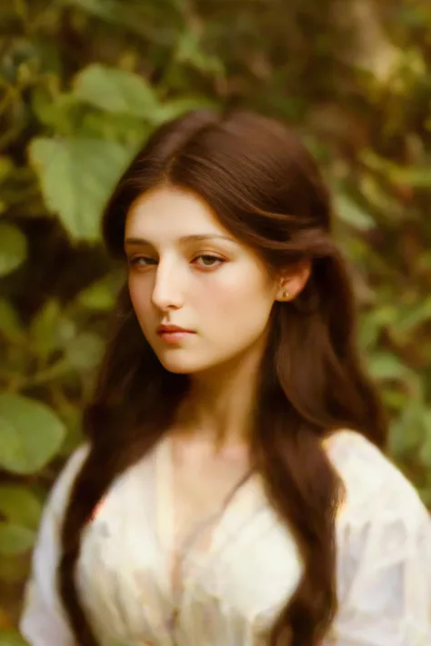 a professional portrait of a young brunette, (no makeup), long hair, model, intricate details, painting by William-Adolphe Bouguereau <lora:filmgrain-07:1>