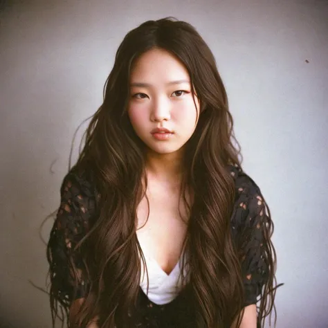 a professional portrait of a young brunette, (no makeup), long hair, model, intricate details, photography by ren hang <lora:filmgrain-07:1>