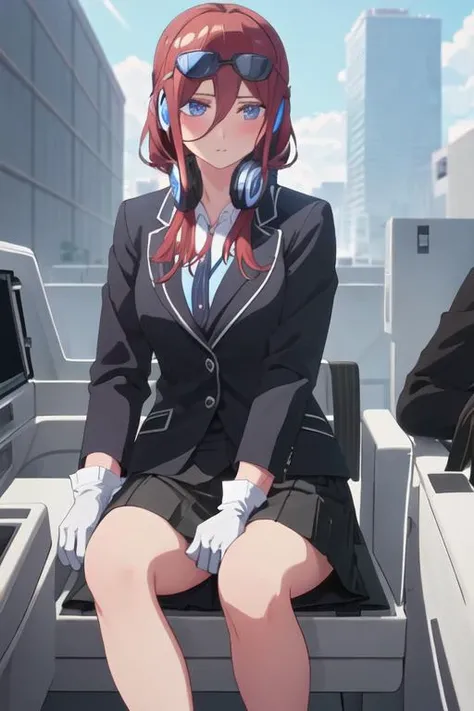 best quality, masterpiece, highres, solo, {black business suit:1.40}, {tie:1.20}, {sunglasses:1.25}, {white gloves:1.15}, {white shirt:1.10}, {black skirt:1.15}, {smoking:1.20}, handsome, {nakano_miku_gotoubunnohanayome:1.15}, long_hair, brown_hair, bangs, hair_between_eyes, blue_eyes, headphones_around_neck, headphones, blush, closed_mouth, shiny_hair