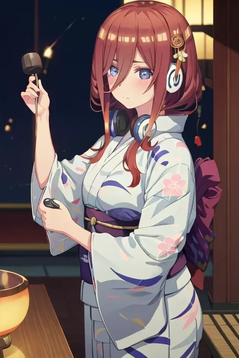 best quality, masterpiece, highres, solo, {yukata:1.40}, {kimono:1.20}, {nakano_miku_gotoubunnohanayome:1.15}, long_hair, brown_hair, bangs, hair_between_eyes, blue_eyes, headphones_around_neck, headphones, blush, closed_mouth, shiny_hair