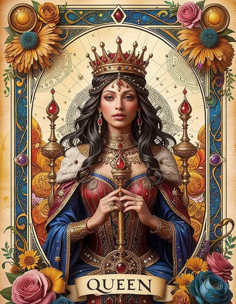 (calligraphy:1.2) ink, extremely detailed, sharp focus, colorful queen royalty tarot card, tons of text, flourishes, zodiac, 8k, parchment borders,