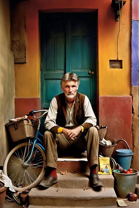 painting of a man sitting on the steps next to a bicycle, tom chambers photography, by tom chambers, national geographic photographs, national geographic photo, collage style joseba elorza, steven mccurry portrait, laura letinsky and steve mccurry, style steve mccurry, bicycles, photography alexey gurylev, realistic colorful photography, bicycle