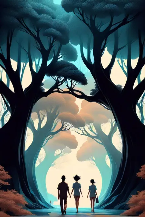 a stylized illustration of a tree with a group of people walking under it, in the style of cyril rolando, zen like tranquility, mind bending patterns, grzegorz domaradzki, orient inspired, hayao miyazaki, graceful balance