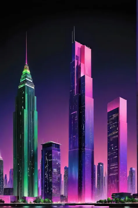 the image depicts a vibrant cityscape at night, with three towering buildings dominating the skyline. these buildings are adorned in a spectrum of colors that include shades of pink, blue, and green. the city is bathed in hues of purple and black, creating a stark contrast against the illuminated structures. each building is unique in design, but they share a common theme of being tall and imposing, symbolizing the grandeur of urban architecture.
