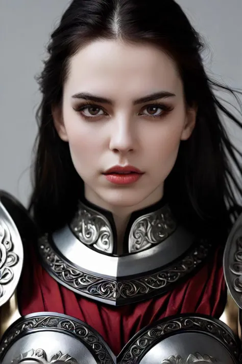 the image features a woman dressed in a black and silver armor, adorned with intricate designs. she has long dark hair that cascades down her shoulders, and her face is accentuated with dark makeup. her lips are painted a deep red, adding a touch of contrast to her pale skin. the armor she wears appears to be made of cold steel, fitting snugly around her torso and arms. the shoulder pads boast sharp edges, reminiscent of a warrior's attire from ancient times. her gaze is intense and unwavering, her eyes locked onto something beyond the frame of the image. despite the fierce appearance she projects, there is an underlying elegance to her demeanor. it's as if she's not just wearing armor, but becoming one with it    a powerful force to be reckoned with in this imaginary world.