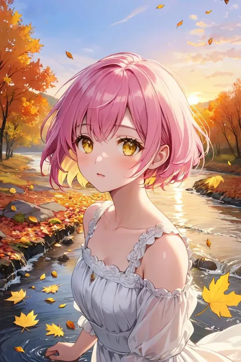 short hair, pink hair, yellow eyes, outdoors,Autumn, fallen leaves, sunset, gentle breeze, streams, yellow fallen leaves in rivers, flowing water, standing on the shore, upper body, looking at the view, white dress