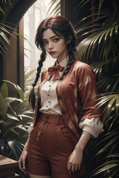 1girl, (colorful art by John Henry Twachtman:0.9) and (Angela Barrett:0.7) , landscape art, vibrant Unreal Engine, Gloompunk, Golden ratio, Sharp focus of a Intensive Captivating portly [Marshallese|Sri Lankan] ([Indah:Yangchen:4]:1.3) , she is inside a Tumbler, she is feeling very disappointed as a Fire mage, the Fire mage is wearing a Varied Pink Zulu Vines Shorts and blouse that was inspired by Jaguar, It is very Maroon and dark orange, her hair is Award-Winning and styled as Braided pigtails, she has a Tough Qing Dynasty dark black Glowing Teal Eyes, Caring Bowtie, dense jungle with Seagrass, Stormy weather, tilt shift, Rough sketch, Fearful, (electric purple theme:0.7) , Sunlight, Circular polarizer, Grayscale, Acid colors mist, sloppy strokes, intricate detailed face, sharp, hyperdetailed, award winning
