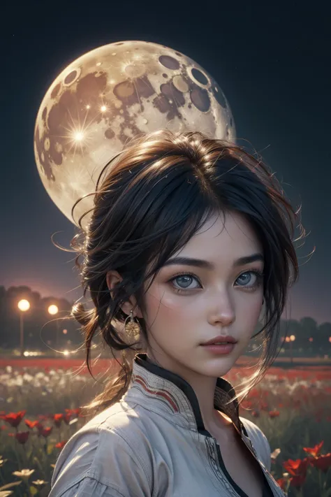 1girl, (art by Bill Traylor:0.8) , photography art, 8k Unity Engine, desolate flower field and field, Decora, Rule of Thirds, best quality, low angle shot of a Shiny Seductive ("Martial Impetus":1.3) , from inside of a Mecha-City, Moon in the night, in focus, Awe, Ambient lighting, Depth of field 100mm, Low Contrast, dreamy, matte, trending on artstation, masterpiece, pixabay, close-up