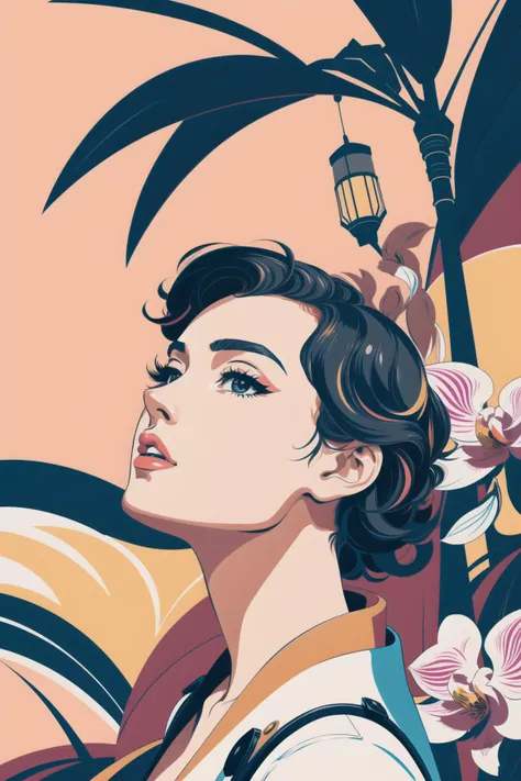 1girl, (figurativism art by Cecily Brown:0.8) and (Cassius Marcellus Coolidge:1.1) , colorful Vector Art, flawless, over the shoulder shot of a [Asymmetrical:Basic:18] Signature ("Venture Forth":1.3) , Orchid background, Prussian garden and fauna, at Sunrise, in focus, Joyful, Neo-Fauvism, Cold Lighting, macro lens, Polychromatic, made of [PVC|Polyurethane], Golden ratio, artstation, wallpaper