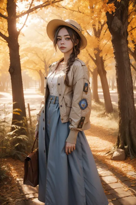 1girl, [ (figurativism art by Maria Lassnig:1.1) and (Jack Gaughan:1.0) and (Jan Mankes:0.9) ::19], colorful RAW photo, concept art, POV shot of a Disheartened Preposterous pear-shaped figure Russian Elder ([Disha Patani:Golem:3]:1.3) , she is being looked at by a group of Supersized animals wearing Creepy Field jacket, she is feeling very lustful, she is dressed in her [Pencil skirt and blazer:Coif:4], The Field jacket is tailored by Derek Lam and Junya Watanabe, her hair is Shabby Chic and styled as Milkmaid braid, she has a Unique Italian Crimson Gold Eyes, Hat, Geeky trees and cityscape, at Dawn, Wide view, Dynamic, Confused, Cutepunk, Direct light, sharp and in focus, compact camera, Depth of field 270mm, complementary colors, Ribbons, opulent, perfect skin, highly detailed face, photolab, High quality