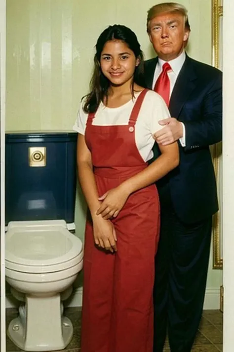 a latina maid, young , cleaning the toilet,
(and president donald trump standing next to her smiling )
dirty background, amateur photo, blurry, old vhs photo