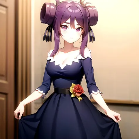 <lora:leone_eiyuu_v1_resize_fro096:1> leone_olis, purple hair, purple eyes, 1girl, solo, double bun, black ribbon, off-shoulder dress, black belt, dress bow, red rose