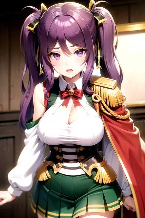 <lora:leone_eiyuu_v1_resize_fro096:1> leone_olis, purple hair, purple eyes, 1girl, solo, twintails, hair ribbon, collared shirt, shoulder cutout, detached sleeves, cleavage cutout, neck ribbon, green skirt, red cape, epaulettes