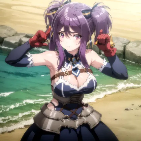 <lora:leone_eiyuu_v1b(resize-sv10):1> leone_olis, purple hair, purple eyes, 1girl, solo, twintails, hair ribbon, detached collar, (((blue dress))), black necktie, chest belt, belt buckle, elbow gloves, faulds, looking at viewer
BREAK
beach, water, nature, forest, mountain, sky, cloud