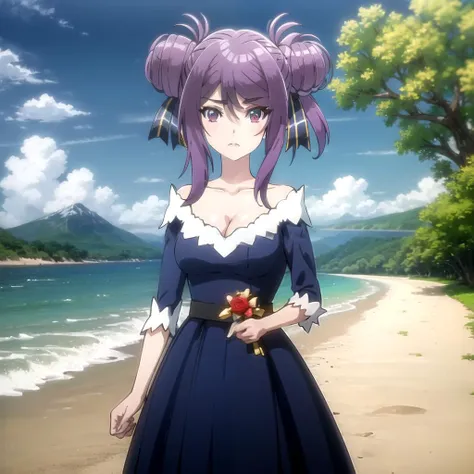 <lora:leone_eiyuu_v1b(resize-sv10):1> leone_olis, purple hair, purple eyes, 1girl, solo, double bun, black ribbon, off-shoulder dress, black belt, dress bow, red rose, looking at viewer
BREAK
beach, water, nature, forest, mountain, sky, cloud