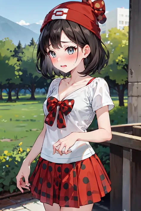 best quality, HDR, UHD, 8K, Vivid Colors, cute & girly, 1girl, selene \(pokemon\), grey eyes, black hair, red headwear, beanie, short hair, <lora:selenePokemon_v10:0.3>, embarrassed, sweat, blush, rc, bow, (polka dot skirt:1.2), (red skirt:1.2), <lora:rcS70:0.7>, outdoors