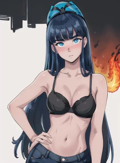best quality, (masterpiece),(ultra-detailed), (high quality), (high resolution), <lora:atenea:0.7>,1girl, atenea, bangs, black bra, blue eyes, blush, bra, colored skin, dlh, fire, hand on hip, long hair, looking at viewer, navel, solo, upper body, very long hair, white background