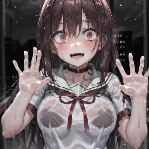 masterpiece, best quality, 1girl, (looking at viewer), blush, pale skin, (long dark brown hair), wet hair, choker, constricted pupils, (crazy eyes:1.1), (crazy smile:0.9), (grinning:0.9), (red eyes), heavy breathing, steam, eyeliner, eyelashes, (against glass), (window), (wet window), (hand on glass:1.2), (5 fingers), perfect hands, wet clothes, wet school uniform, red ribbon, breast on glass, raining, night, storm, heavy rain, rain drops, (creepy:0.5), (horror \(theme\):0.7), (night cloudy sky), (dark city background), <lora:trappedInPhone_trappedInPhoneV1:0.65>, <lora:crazyExpressions_crazyExpressions:1>, yandere, (wet:1.2)