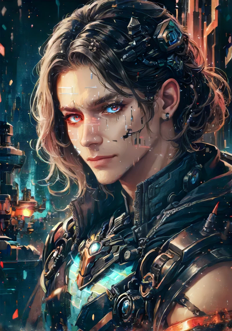 D&D style portrait, fantasy, digital art, tiny Male Ifrit, Mercenary, illustration, sci-fi, close-up, small, detailed face, kkw-hdr advntr OverallDetail, betterhand <lora:GoodHands-beta2:1>, winning, artistic, surreal, elegant, illustrious quality, rich vivid colors, modified, epic atmosphere, <lora:MalwareTech:0.6>, scifi, corrupted, virus, matwaretech