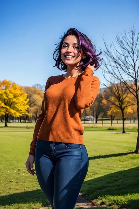paula, short purple hair, messy hair, black eyes, lips,orange sweater, blue pants, looking at viewer, smiling, medium shot, standing, outside, park, field, grass, trees, winter, bue sky, high quality, masterpiece <lora:PaulaSmall-10HMv8:.7>