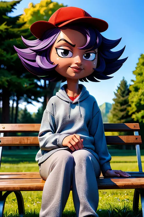 paula, short purple hair, messy hair, black eyes, lips, grey sweater, sweatpants, red hat, looking at viewer, serious, smirk, sitting, on bench, outside, park, grass, winter, trees, blue sky, high quality, masterpiece, <lora:PaulaSmall-10HMv8:.7>