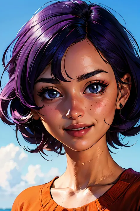 paula small, short purple hair, black eyes,lips, orange sweater, looking at viewer, smiling, tired, portrait, blue sky, extreme detail, masterpiece, <lora:PaulaSmall:.7>