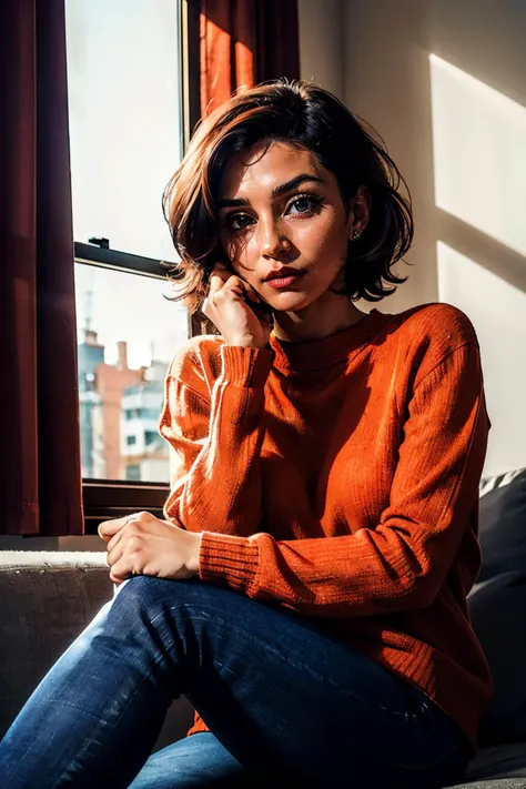 Arafed woman sitting on a couch in a room with a window - SeaArt AI