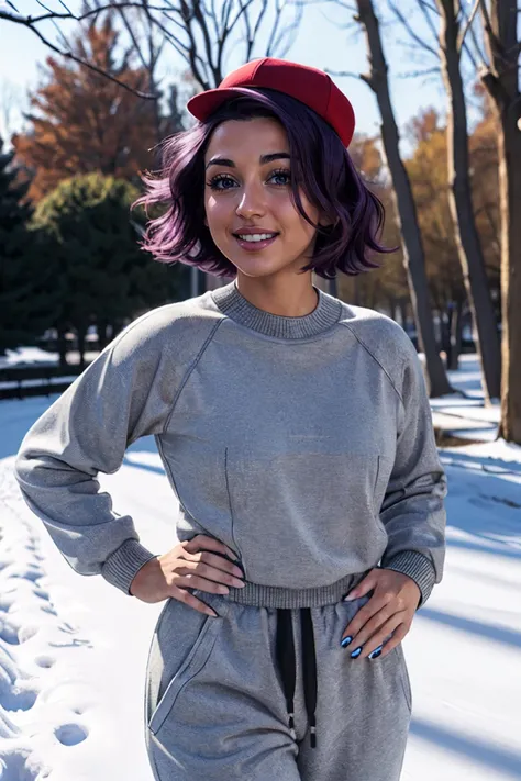 paula, short purple hair, messy hair, black eyes, lips, grey sweater, sweatpants, red hat, looking at viewer, smiling, standing, medium shot, hands on hips, outside, park, trees, snow, grass, winter, blue sky, high quality, masterpiece <lora:PaulaSmall-10HMv8:.7>