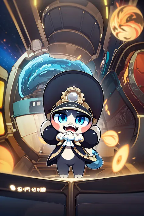 (((pom pom, character, hat, furry, Anthro, werebeast, beast, chibi))), pocket watch
(masterpiece:1.4), (high_resolution:1.4),(light smile:0.9),(masterpiece, best quality, ultra-detailed, intricate details_1.2), absurdres, futuristic train background,
from front , standing, look back,
<lora:POMPOM Star Rail:0.85>, (((in space, in futuristic spaceship)))