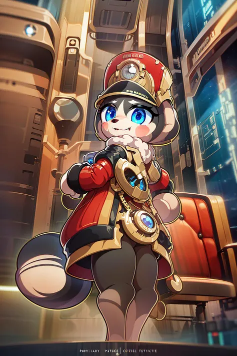 (((pom pom, character, hat, furry, Anthro, werebeast, beast, chibi))), pocket watch
(masterpiece:1.4), (high_resolution:1.4),(light smile:0.9),(masterpiece, best quality, ultra-detailed, intricate details_1.2), absurdres, futuristic train background,
from behind , standing, look back,
<lora:POMPOM Star Rail:0.85>, (((in space, in futuristic spaceship)))