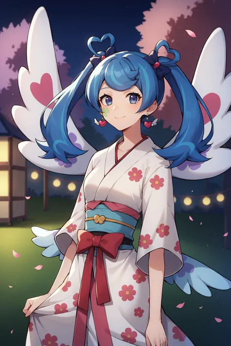 score_9,score_8_up,score_7_up,score_6_up,score_5_up,score_4_up, source_anime, aaangel, twintails, blue hair, hair bow, blue eyes, facial mark, heart earrings, wings, <lora:blue_angel_XL_v1:0.8>, floral print, yukata, smile, night, summer festival, standing, cowboy shot, smile