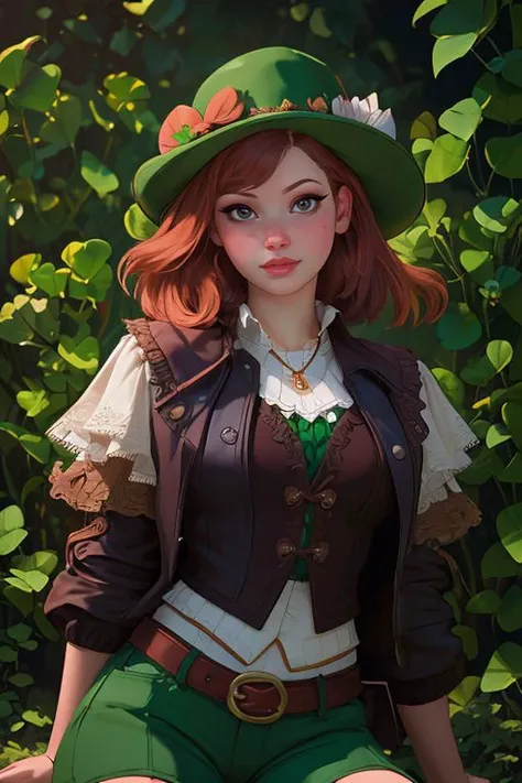 DEN_miss_morganeMK4,
posing in an (enchanted forest:1.2) dressed as a (leprechaun:1.2), (shamrocks, clovers:1.2), , lucky charms, leprechaun, green clothing, green jacket and green shorts and a green hat, (magical:1.2), (enchanting:1.2),
bokeh, f1.4, 40mm, photorealistic, raw, 8k, textured skin, skin pores, intricate details <lora:epi_noiseoffset2:1>, epiCRealism, <lora:ClothingAdjuster3:-1.0>