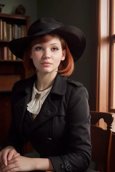 DEN_miss_morganeMK4,
a 1940s private investigator wearing a trench coat and rimmed hat sitting in a drab dank office at the desk using a typewriter, private investigator, 1940s,
bokeh, f1.4, 40mm, photorealistic, raw, 8k, textured skin, skin pores, intricate details <lora:epi_noiseoffset2:1>, epiCRealism, <lora:ClothingAdjuster3:-1.0>
