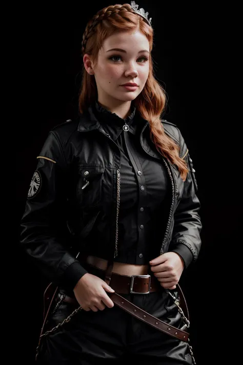 DEN_miss_morganeMK2, headshot, face focus, shadows (plain black background:1.2),
Crown Braid Updo with Gem Accessories, Adventure Traveler: Cargo pants, utility jacket, and hiking boots.,
bokeh, f1.4, 40mm, photorealistic, raw, 8k, (textured skin:0.9), (skin pores:0.9), intricate details <lora:epi_noiseoffset2:1>