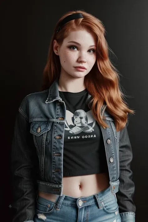 DEN_miss_morganeMK2, headshot, face focus, shadows (plain black background:1.2),
Messy Comb-Over with, Casual: Ripped jeans, graphic tee, sneakers, and a denim jacket.,
bokeh, f1.4, 40mm, photorealistic, raw, 8k, (textured skin:0.9), (skin pores:0.9), intricate details <lora:epi_noiseoffset2:1>