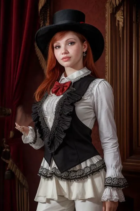 DEN_miss_morganeMK4,
performing in a (circus:1.2) wearing a red and black (blazer:1.1) and white (shirt:1.1) and cream (trousers:1.1) and black bow tie and (top hat:1.1), ring leader, circus,
bokeh, f1.4, 40mm, photorealistic, raw, 8k, textured skin, skin pores, intricate details <lora:epi_noiseoffset2:1>, epiCRealism, <lora:ClothingAdjuster3:-1.0>